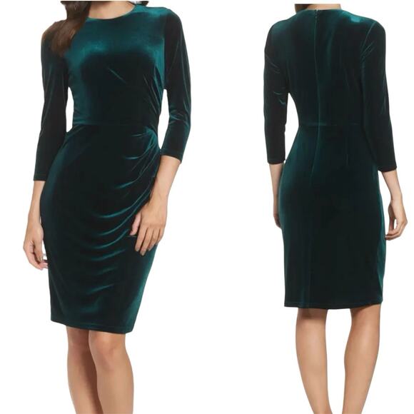 Eliza J Sheath Dress Sz 0 XXS Green Emerald Velvet Ruched Holiday Cocktail Party - Picture 2 of 9